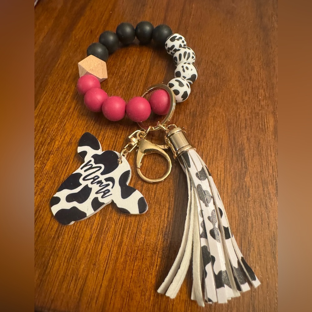 🌹Chunky Bead Bracelet Keychain Mama‎ Cow Print Dark Pink